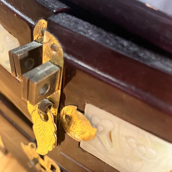 Vintage Chinese-Inspired Wooden Jewelry Box W/ Brass & Mother-Of-Pearl Inlay - Picture 8 of 11